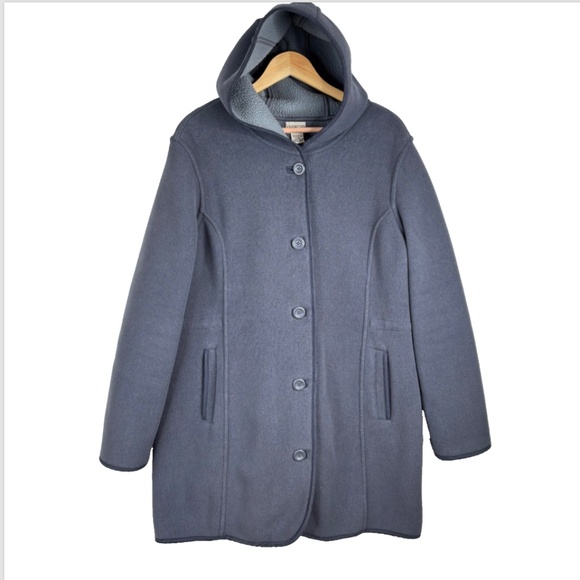 LL Bean Fleece Duffle Coat XL Hood Pocket Charcoal Retro Fall 90s Preppy Classic - Picture 1 of 10